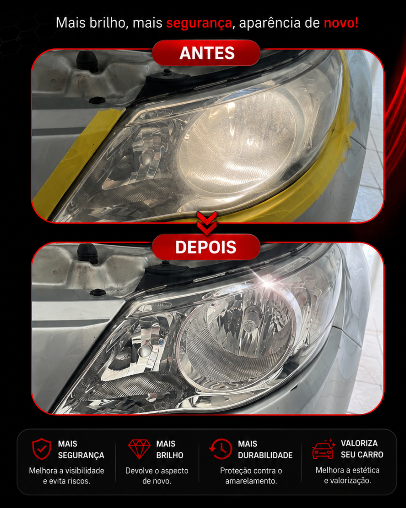 Revitalização de Faróis Antes e Depois
